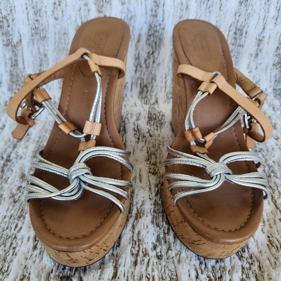 Coach "Georgiana" Platform Wedge Sandal Metallic Silver Tan | Women's Size 9.5B - Picture 4 of 11